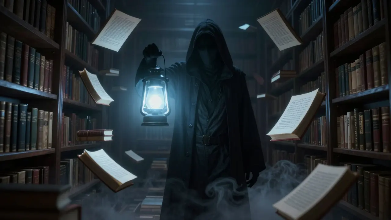 Spectral librarian retrieving glowing accurate texts from a dark infinite library