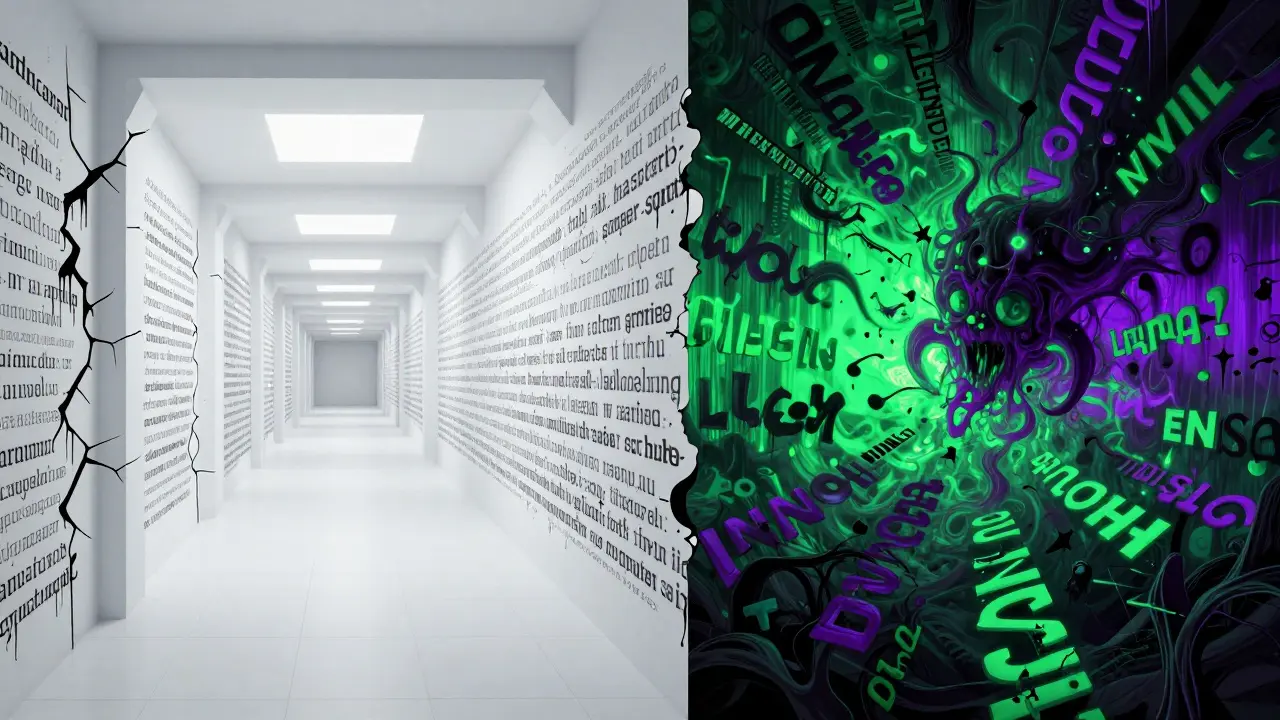 Split image showing rigid cracking walls versus chaotic swirling word storms.