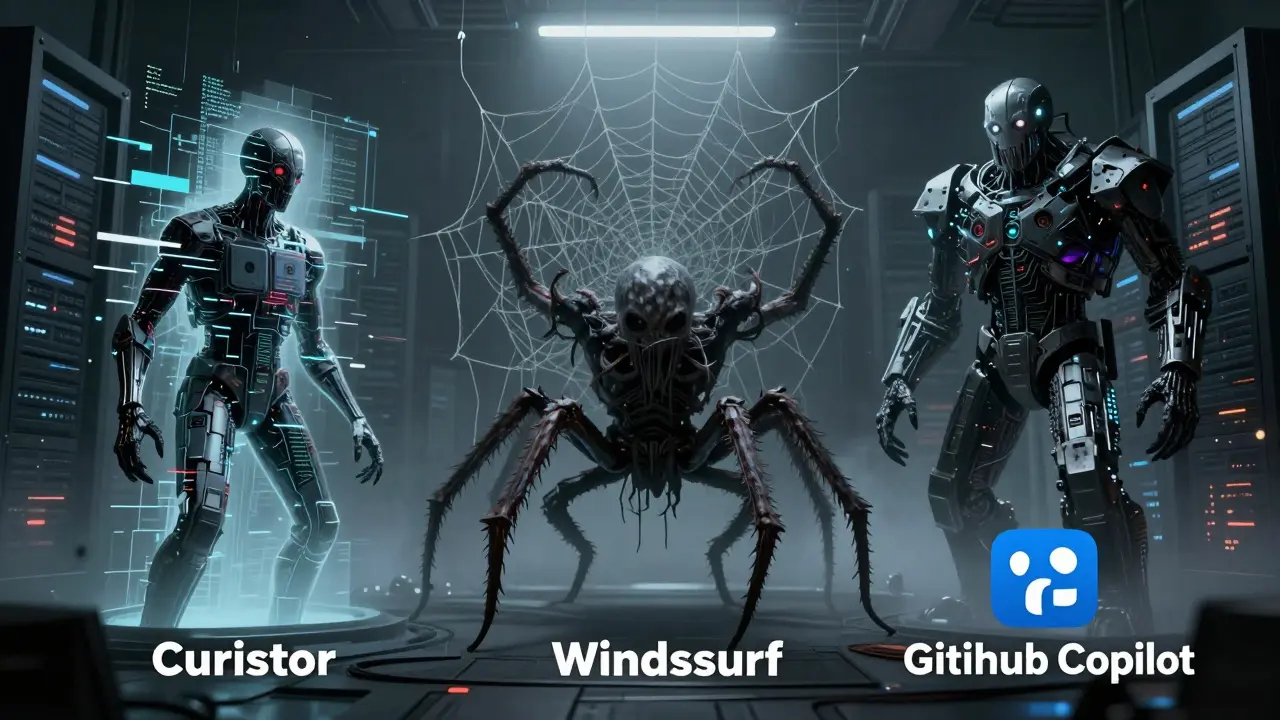 Three monstrous AI entities representing coding tools standing in a foggy server room.