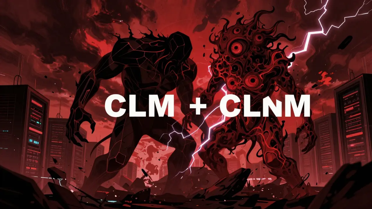 Two dark monsters merging in a stormy sky to represent hybrid AI training models.