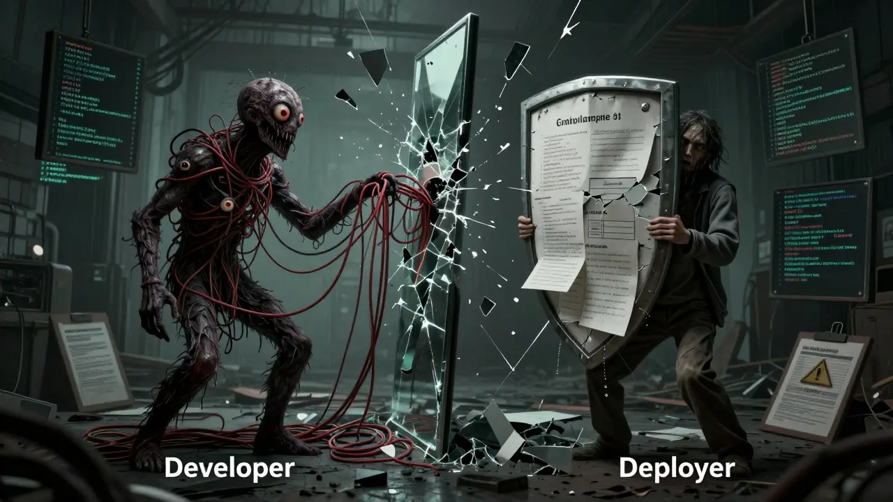 Two figures struggling with data and shields in a dark void, representing developer and deployer roles.