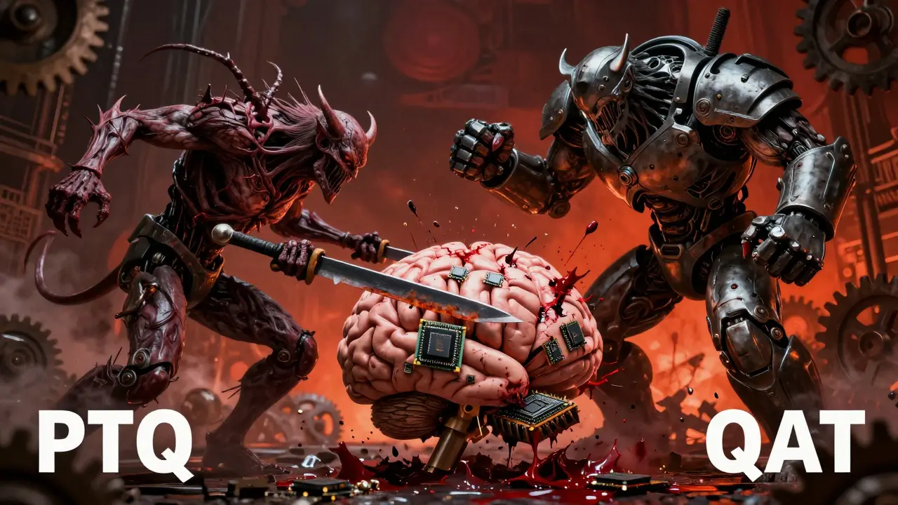 Two mechanical demons fighting over a silicon brain in dark style