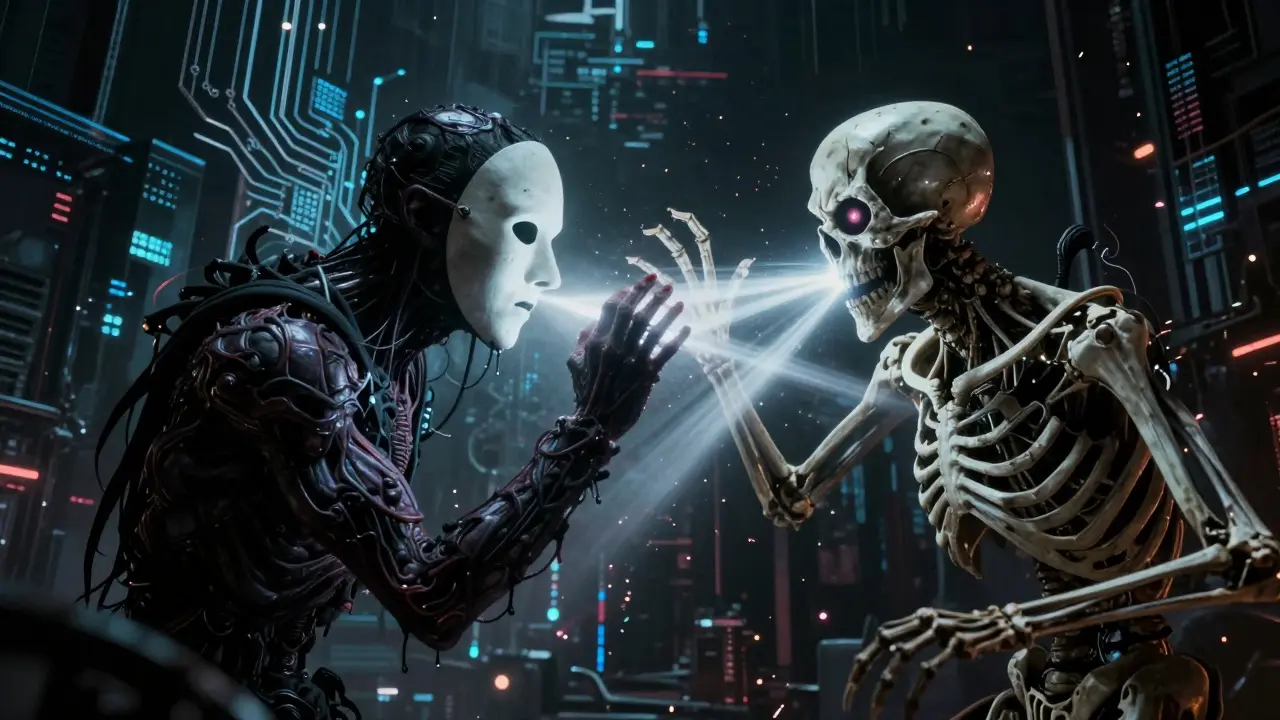 Two monstrous AI networks battling in a dark, glitchy void