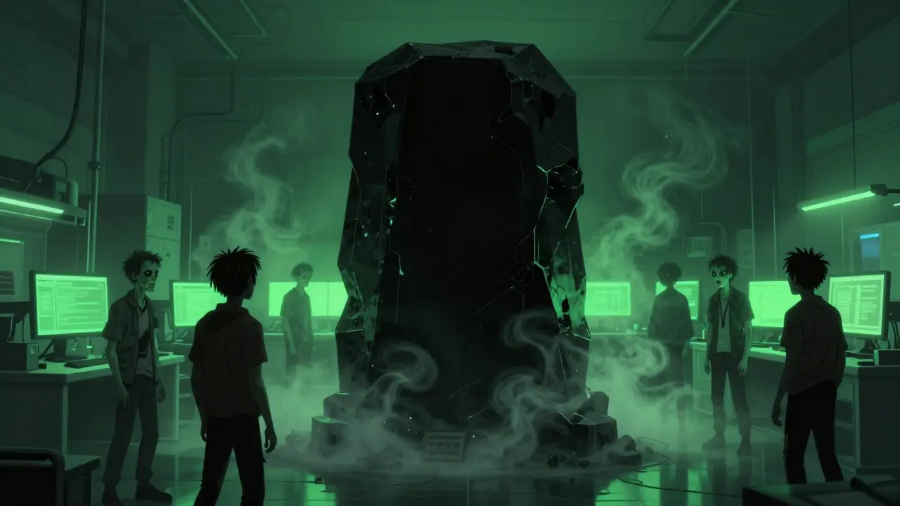 Zombie-like developers facing a mysterious black box AI