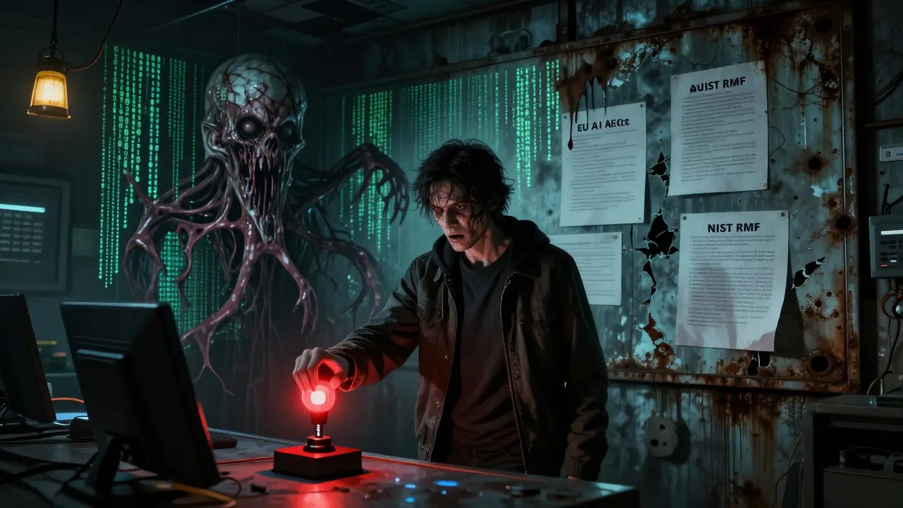 A human figure holds a kill switch in a crumbling room, surrounded by chaotic digital monsters.