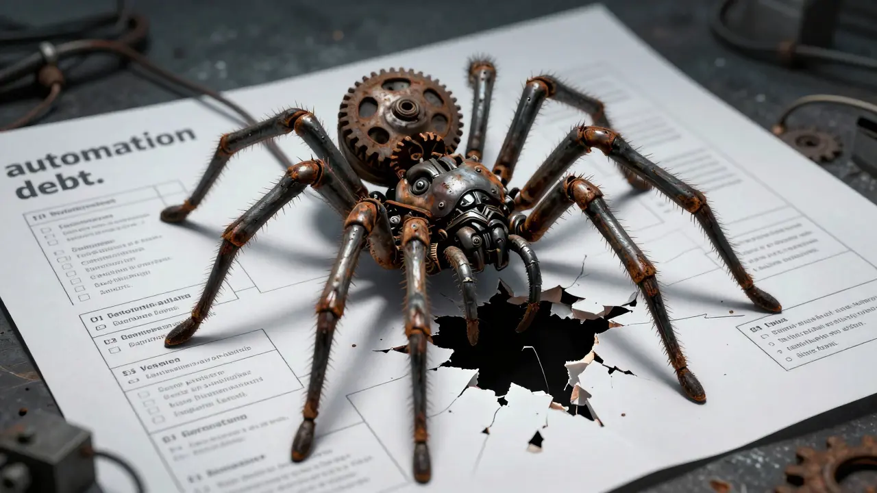 A mechanical spider destroying a business workflow diagram