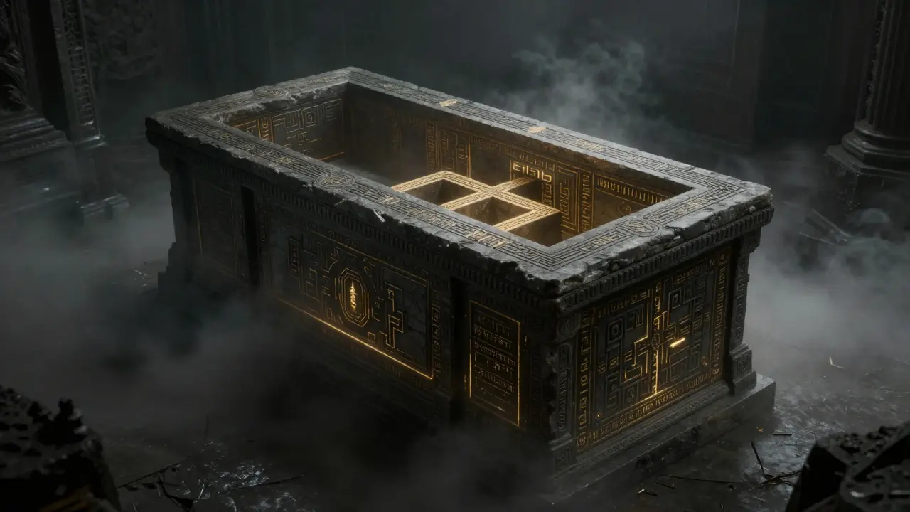 A sealed stone sarcophagus with glowing geometric runes on its surface.
