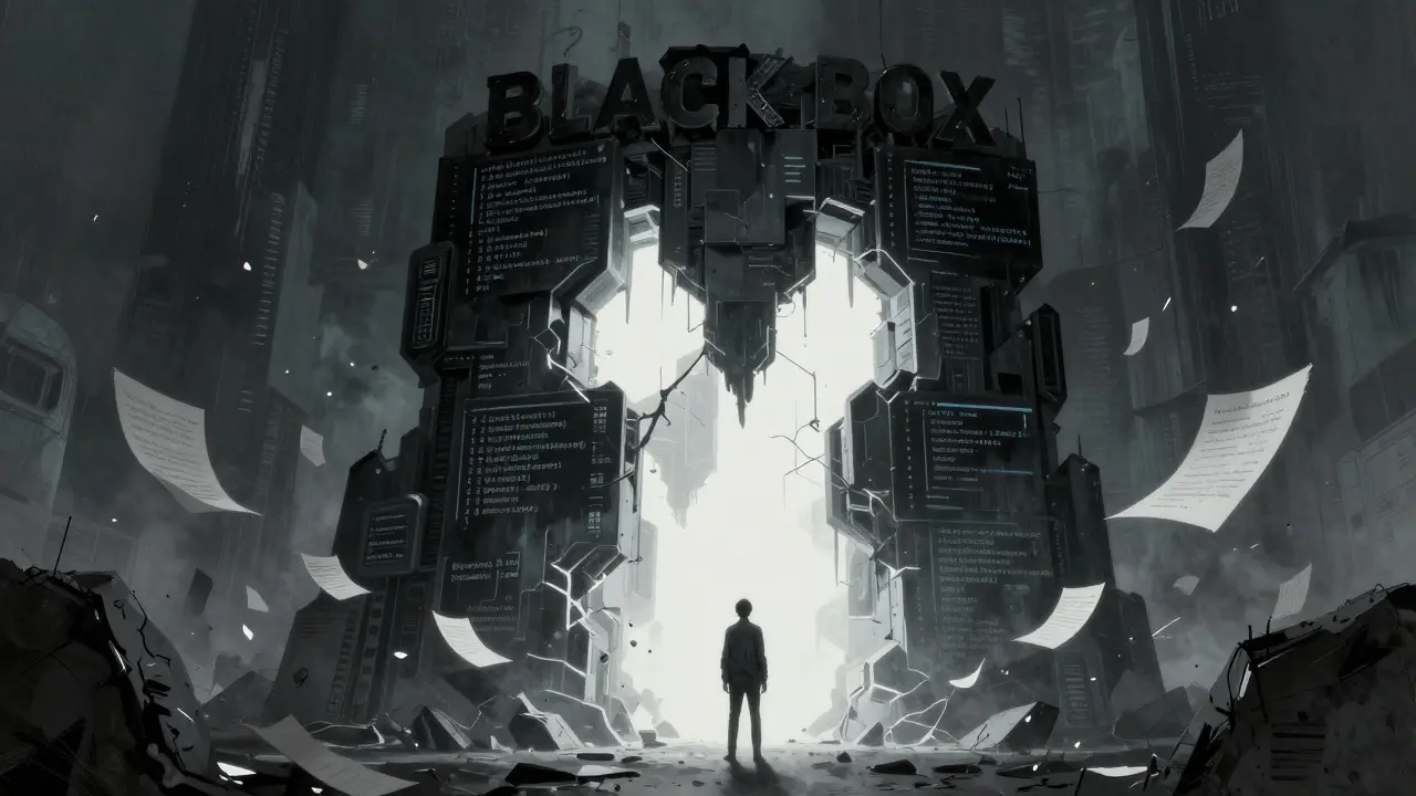 A small figure stands before a massive, opaque monolith of code emitting blinding, confusing light.