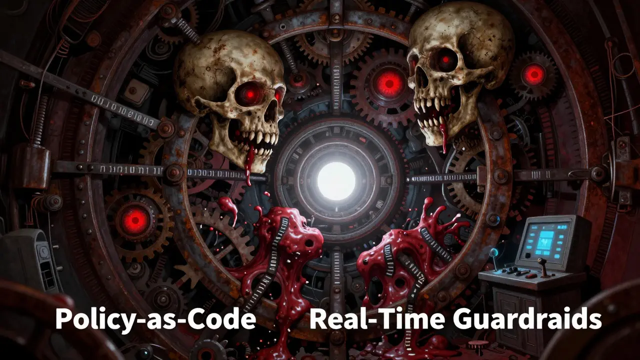 Bone-and-metal machinery crushing chaotic data blobs, representing automated guardrails.