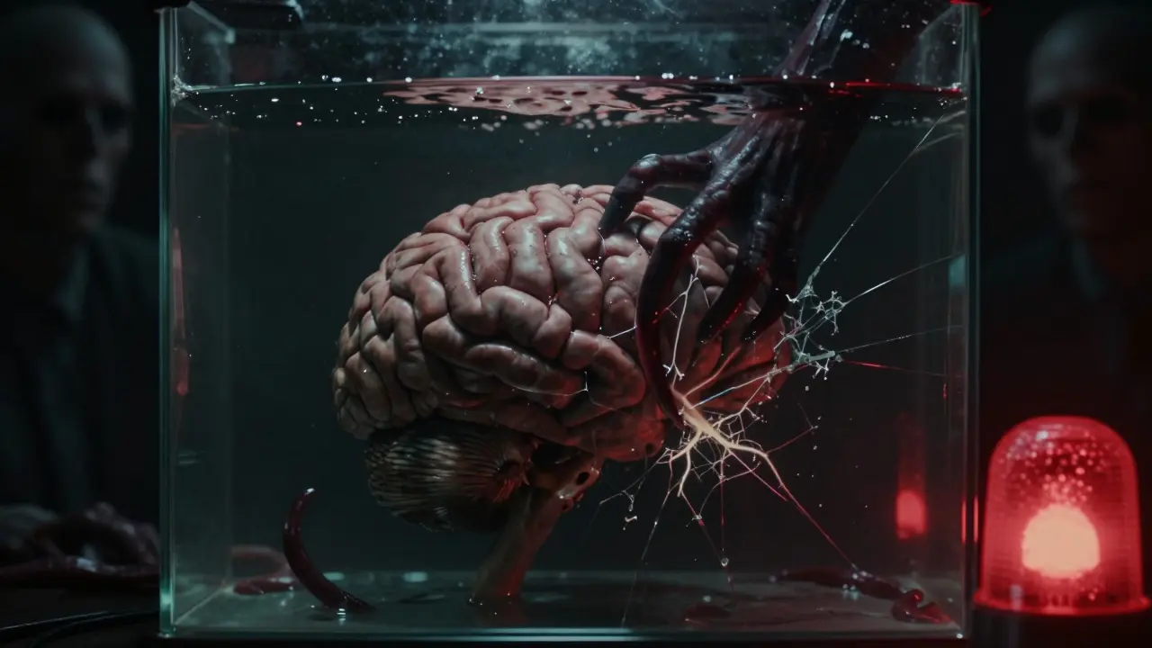 Brain in jar with shadowy tentacles stealing data, red emergency lighting