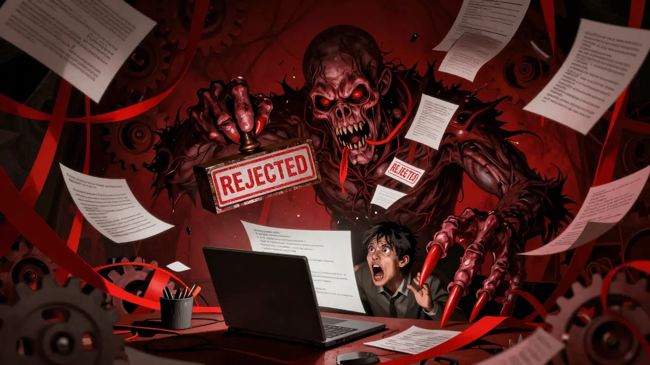 Bureaucracy monster threatening developer with rejection stamp