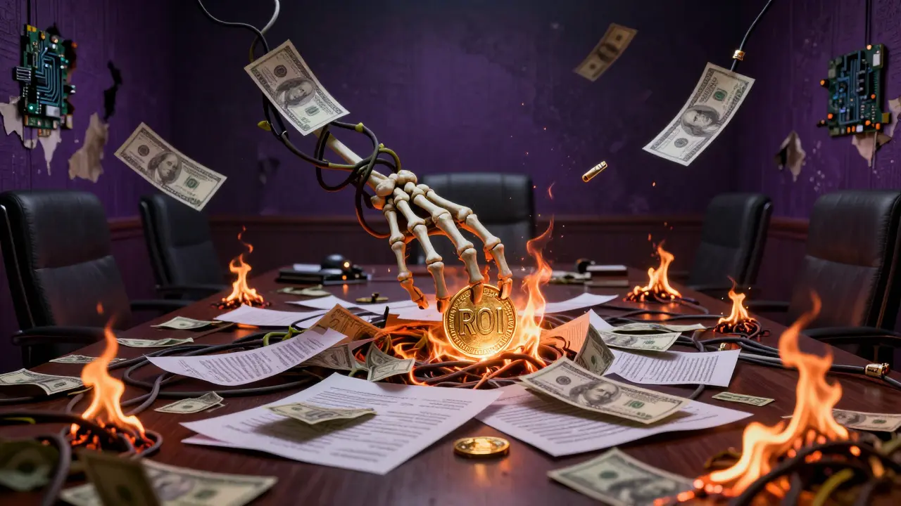 Burning money and vines in a boardroom illustrating poor cost governance