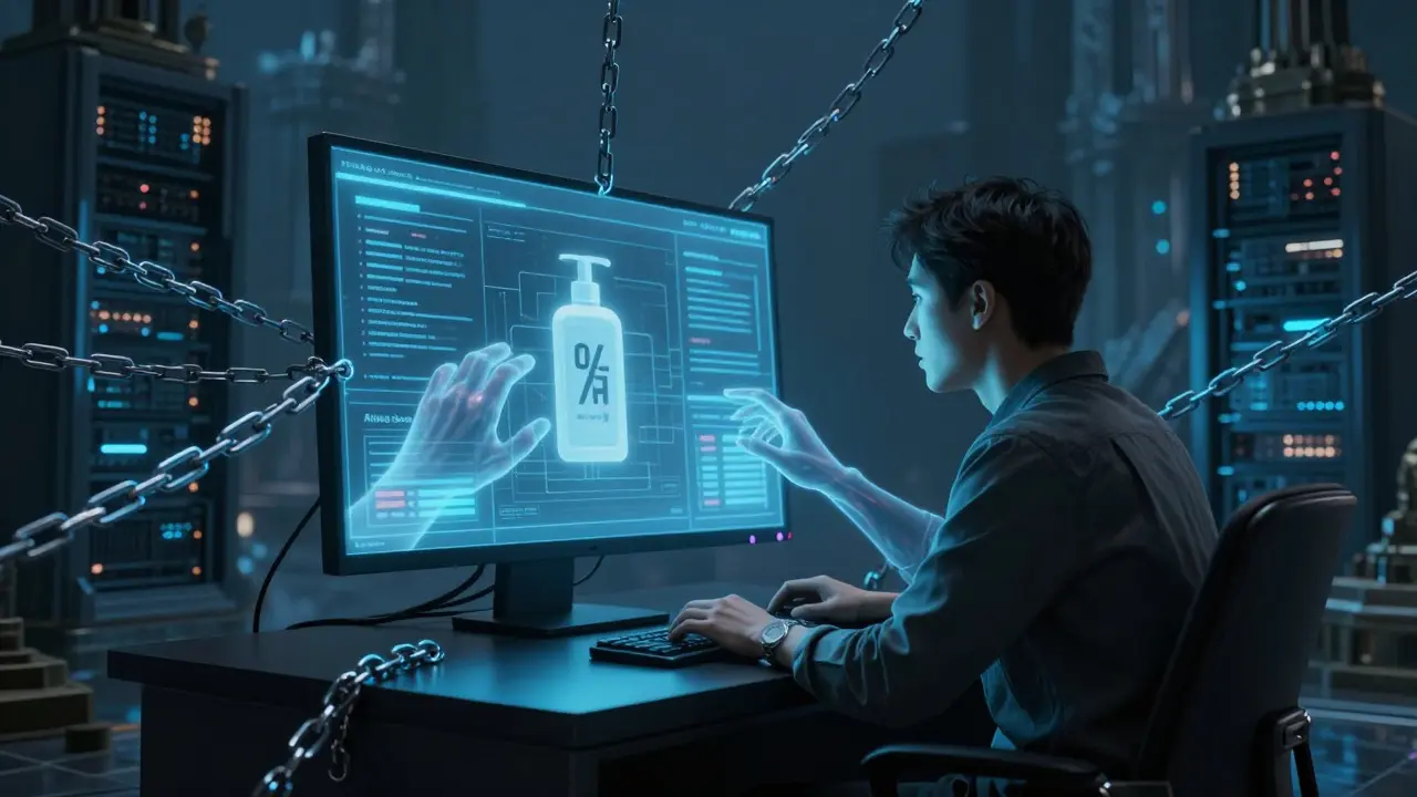 Consumer trapped in data chains by ghostly AI hands on a screen