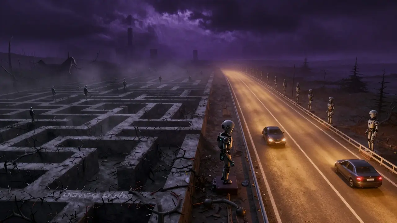Contrast of dark maze and safe automated highway for code