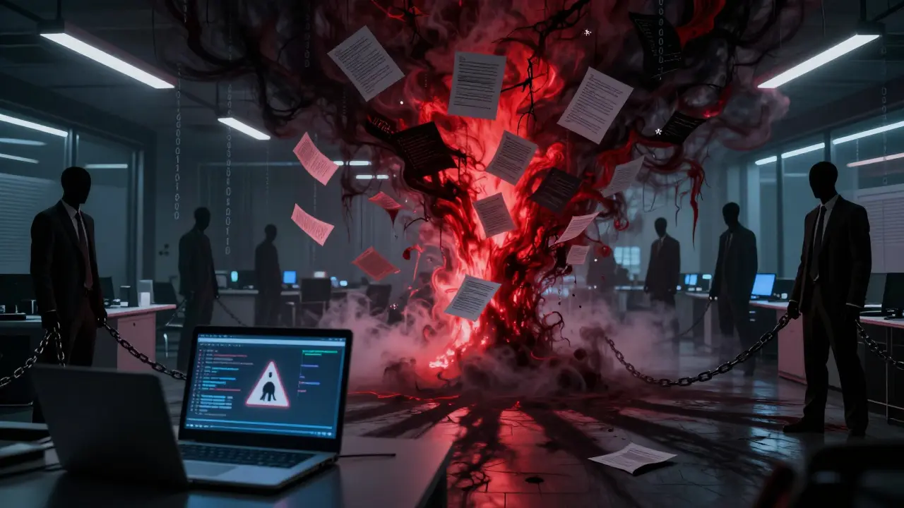 Corporate data and code are sucked into a dark vortex while faceless figures watch in a nightmare office.