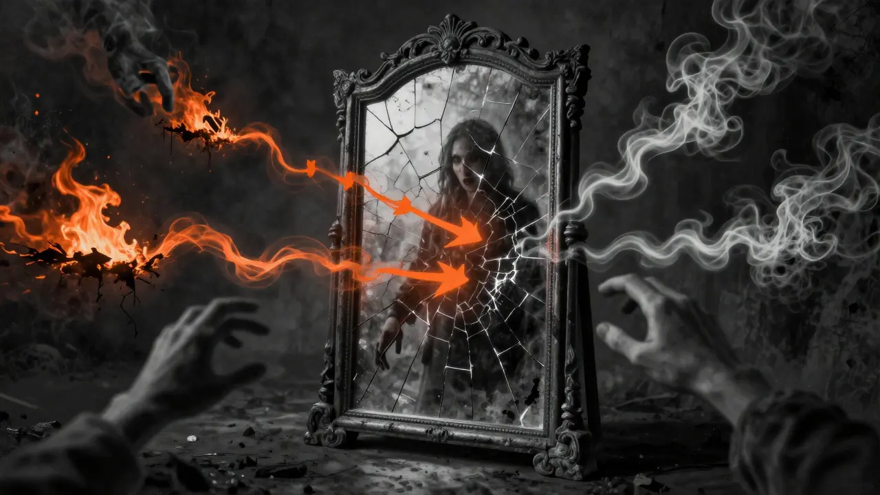 Cracked mirror reflecting branching disaster timelines in dark void