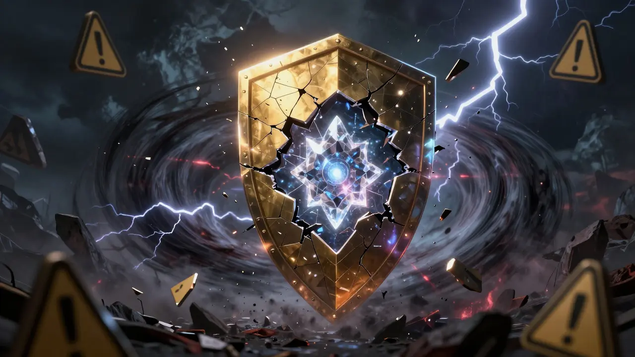 Cracking golden shield defending AI core from dark energy vortex