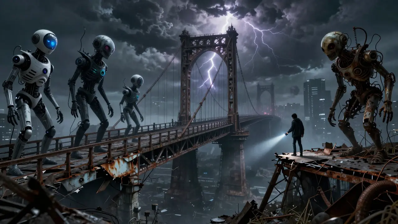 Crumbling bridge over digital void with monster-like AI agents and terrified figure