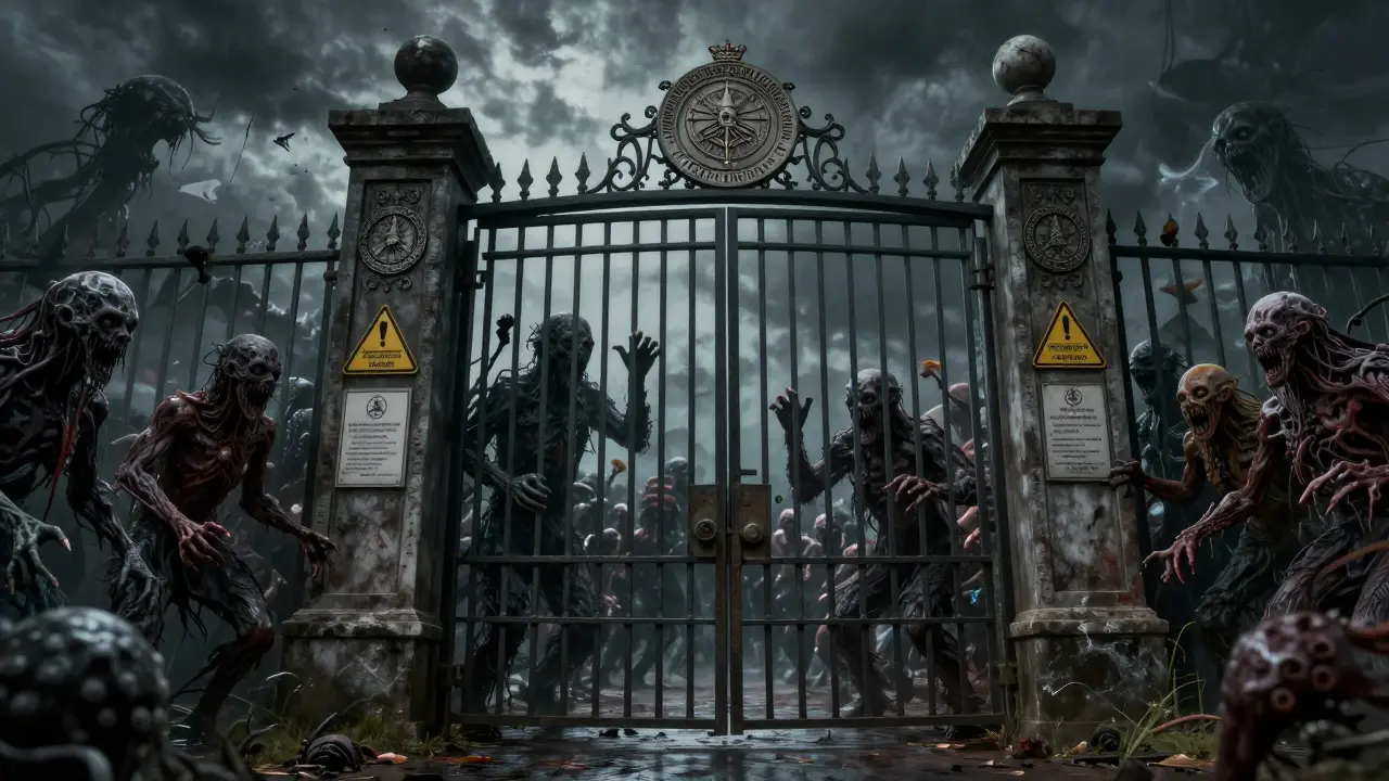 Dark art showing a safety gate blocking monstrous AI biases