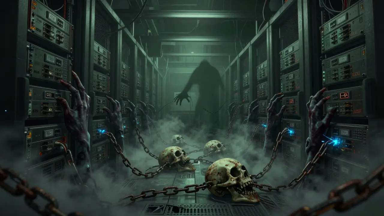 Dark, claustrophobic server room with skeletal GPUs and chains, showing infrastructure traps.