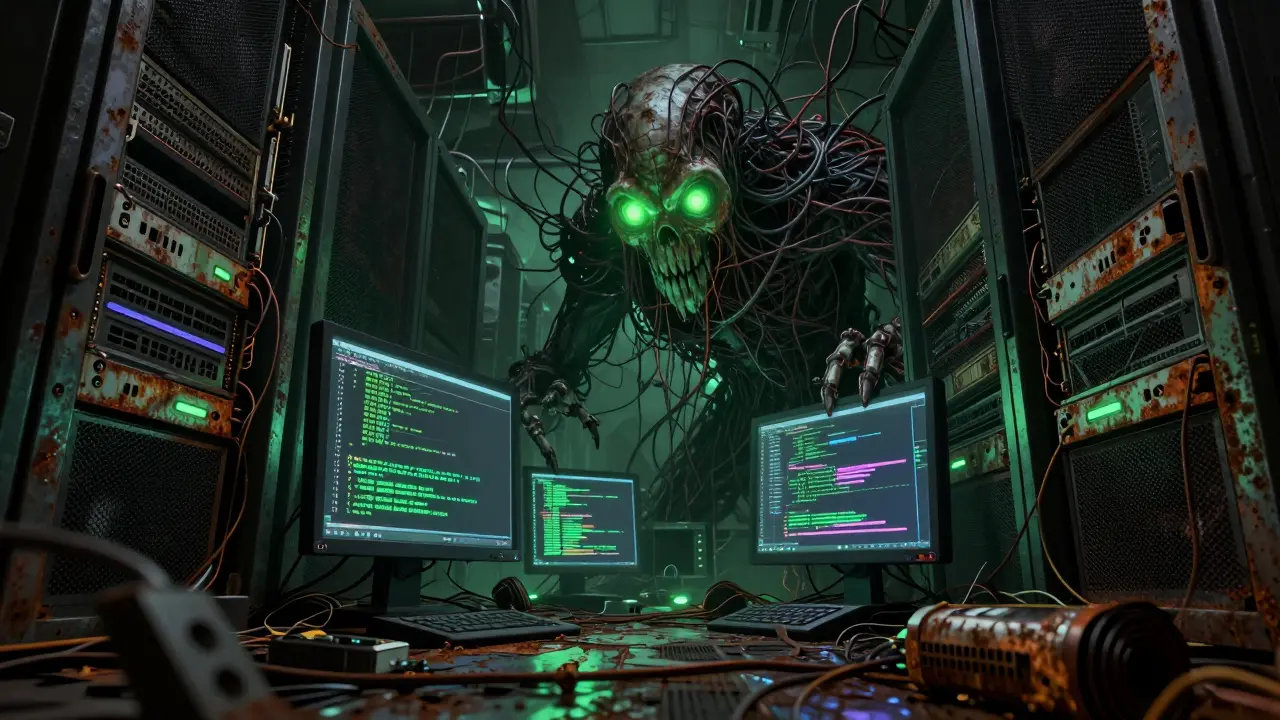 Decaying server room with a wire monster lurking in shadows, symbolizing AI tuning risks