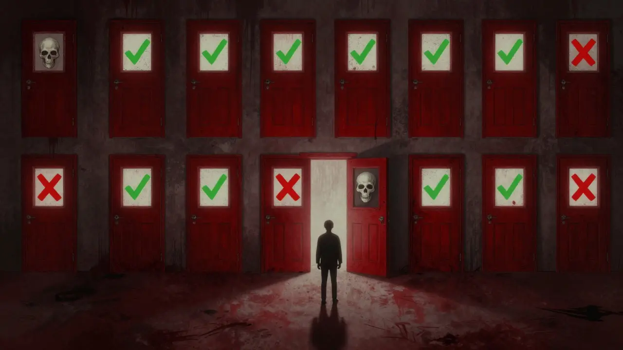 Developer facing a wall of 164 doors with test results