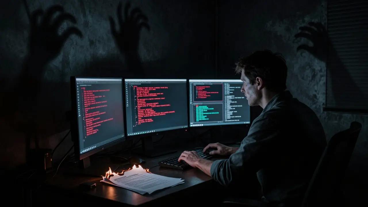 Developer surrounded by screens showing red errors in a dark room