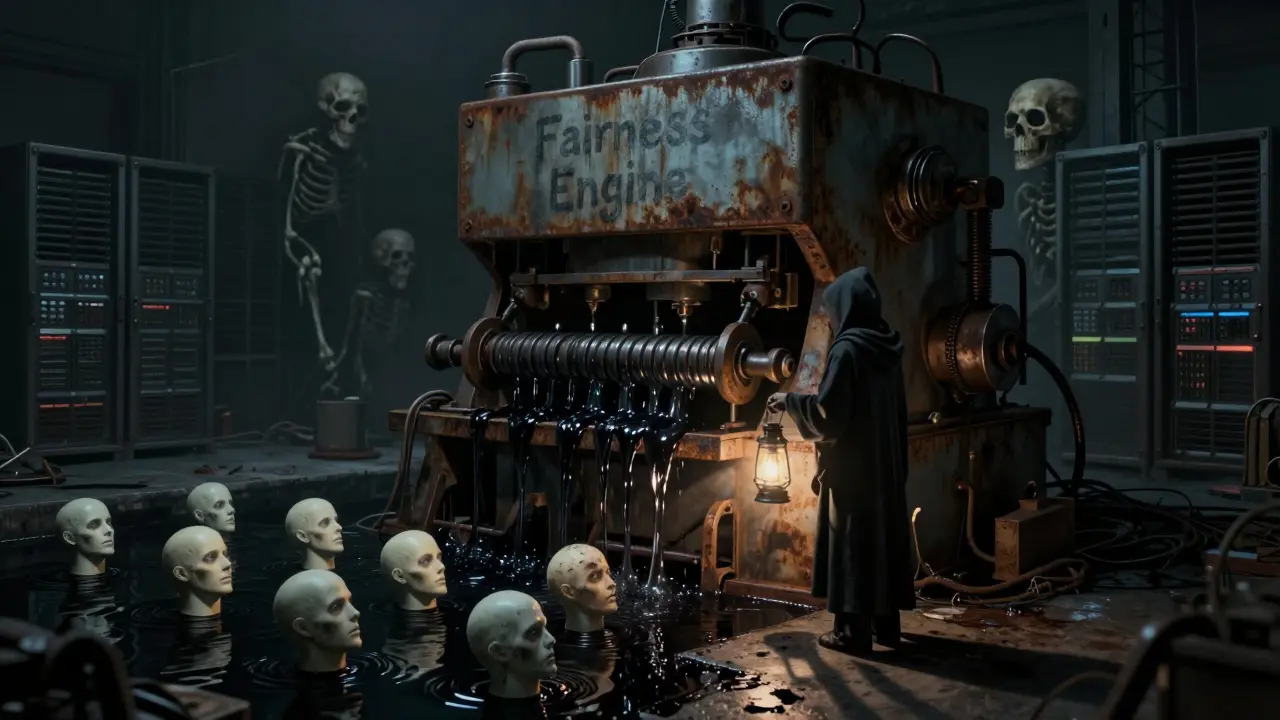 Eerie industrial machine churning out synthetic data heads in black oil