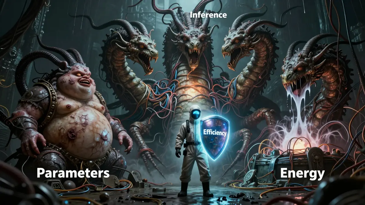 Engineer fighting a multi-headed hydra of AI inefficiencies in a gritty horror scene.