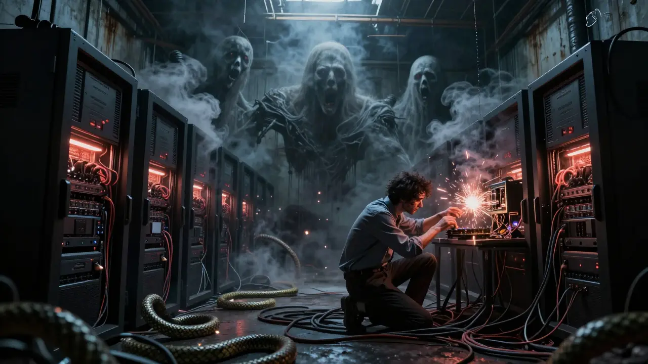 Engineer trapped in hellish server room with smoking GPUs and snake-like cables