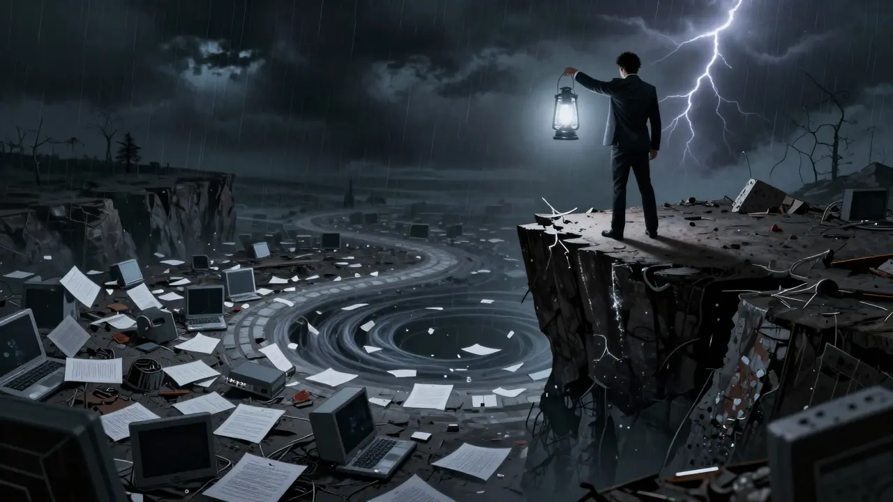 Executive holding a lantern on a cliff edge above a data abyss