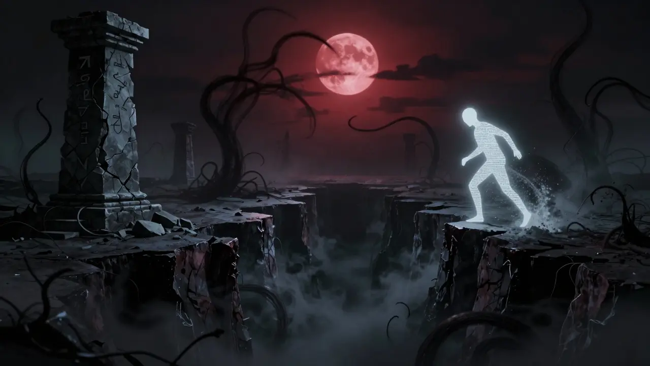 Figure dissolving into static at the edge of a dark, misty chasm