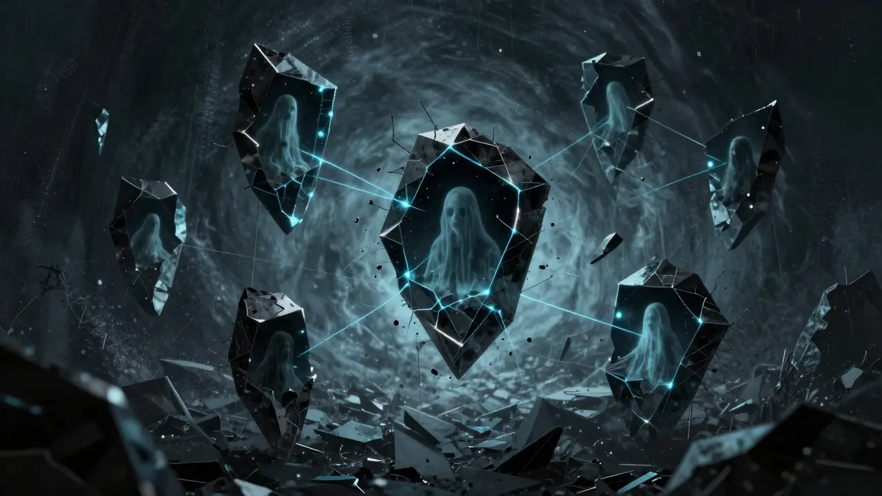 Floating shards of code connected by fragile threads in a void.
