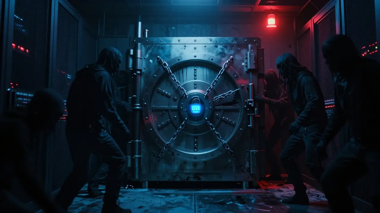Fortified vault defending against shadowy glitches in a dark server room.