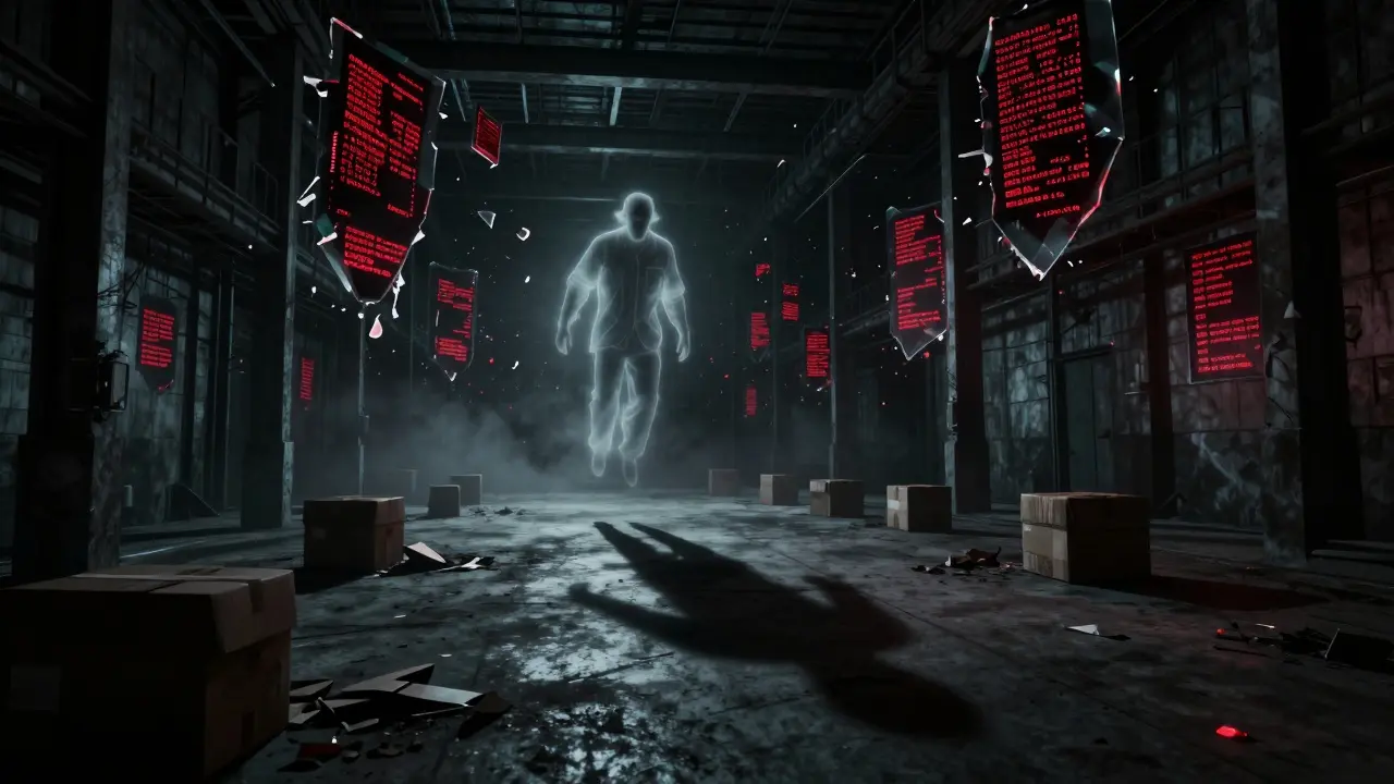 Ghostly worker in dark warehouse surrounded by glowing data shards