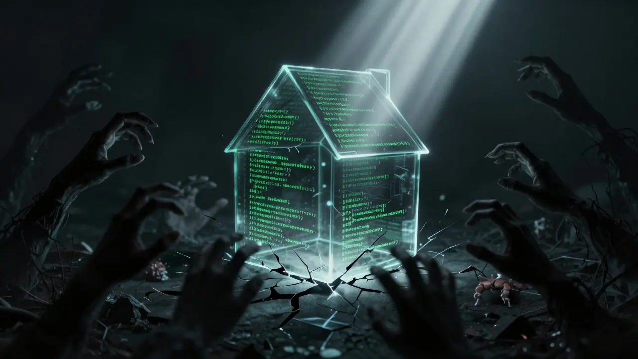 Glass house of code being attacked by shadowy hands representing security risks