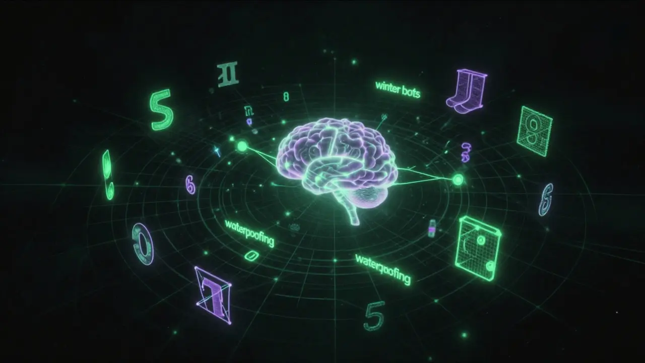 Glowing neural network brain connecting concepts in dark vector space