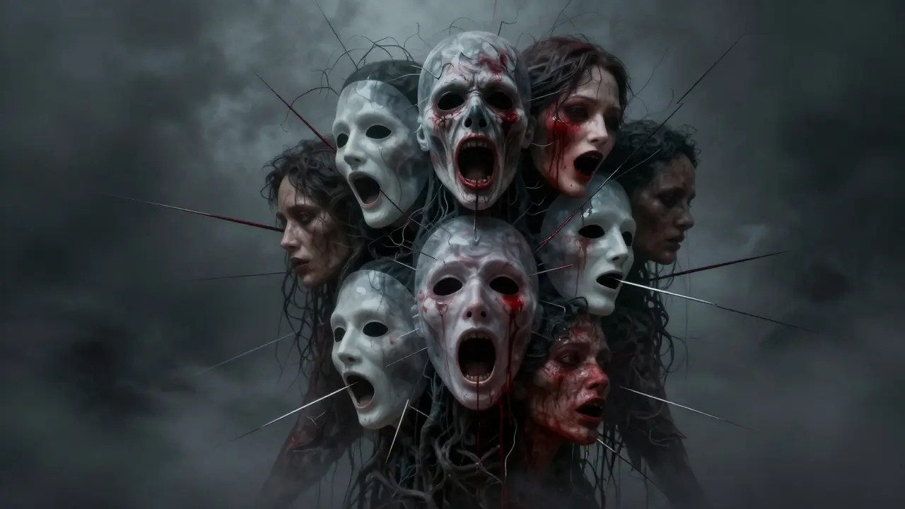 Grotesque multi-mask monster representing complex intersectional AI bias