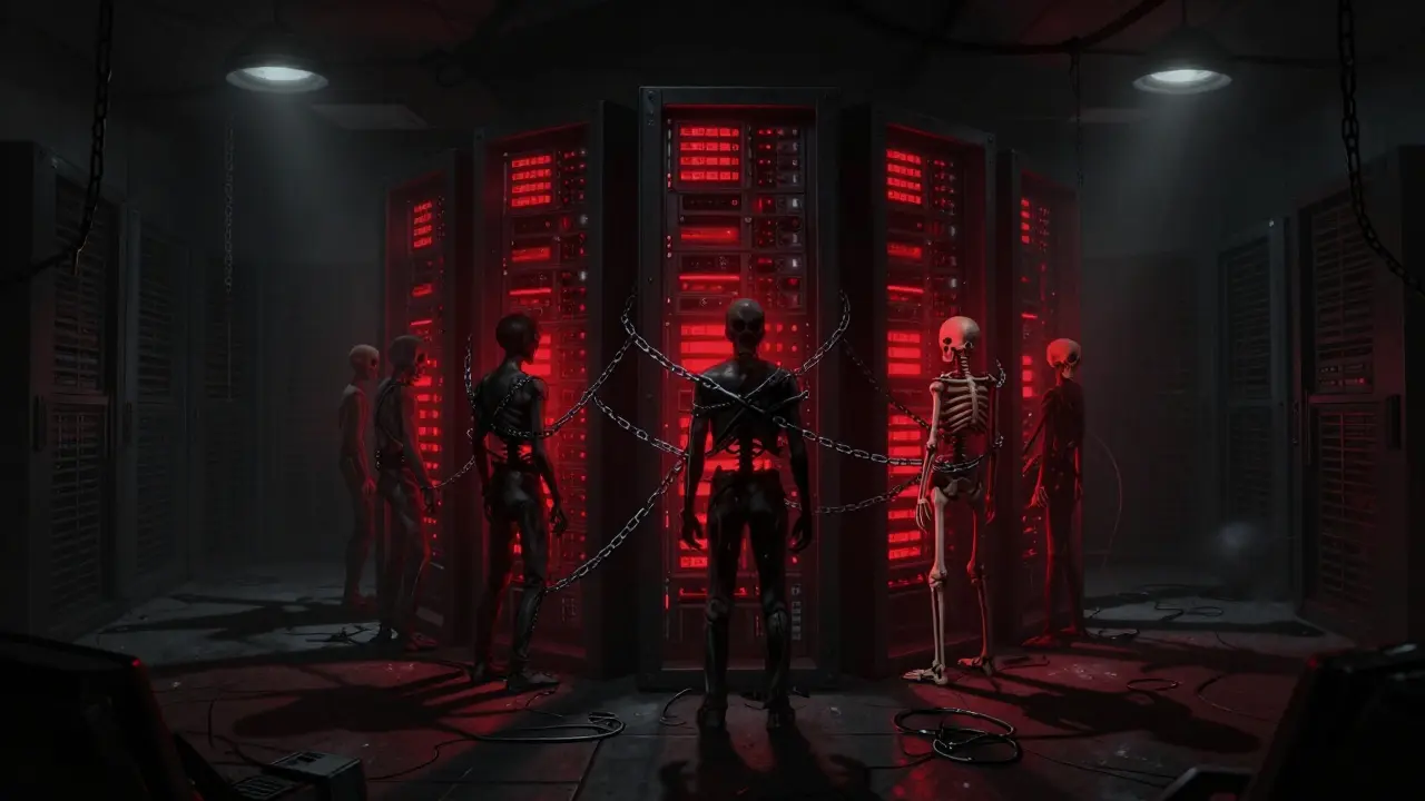 Haunted server room with chained skeletal figures facing ominous red-lit servers