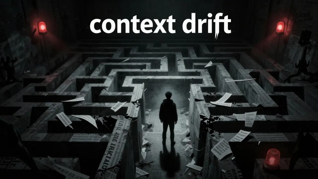 Horror illustration of a maze representing context drift in AI