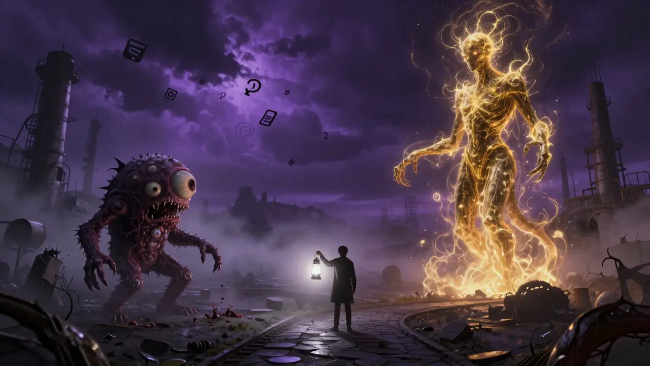 Human choosing between two monsters in a foggy, token-filled wasteland.