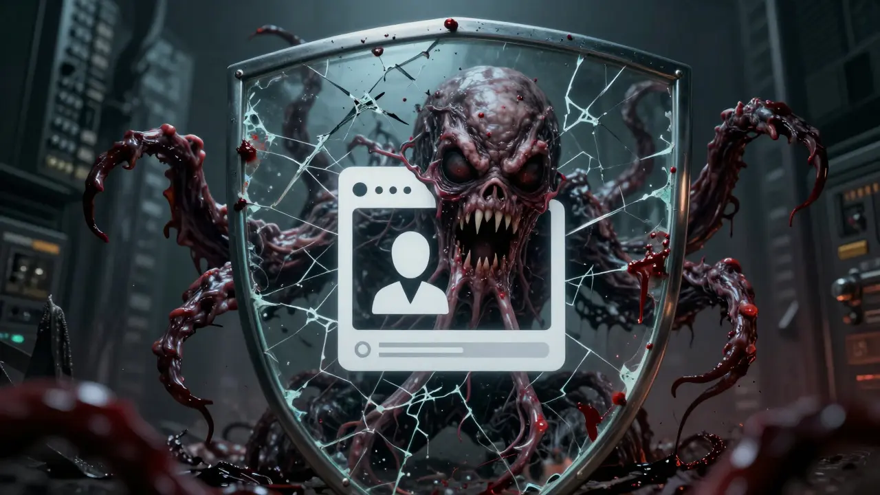 Malicious file morphing into a monster breaking through a glass shield.