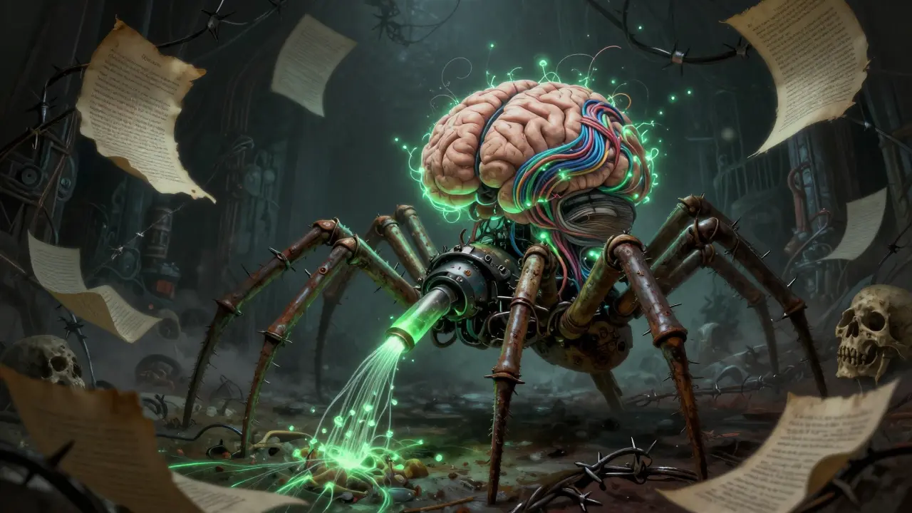 Mechanical horror spider injecting embeddings into a pulsating vector database brain