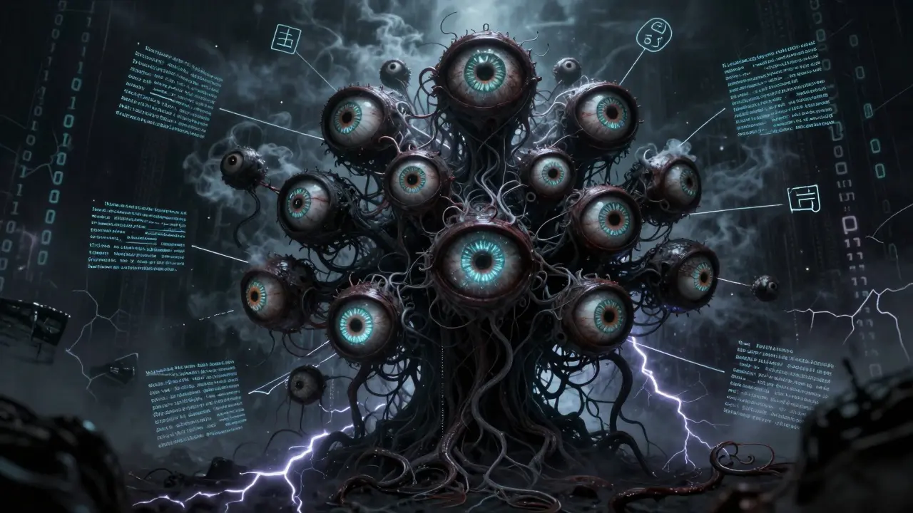 Multi-eyed horror entity connecting floating text fragments