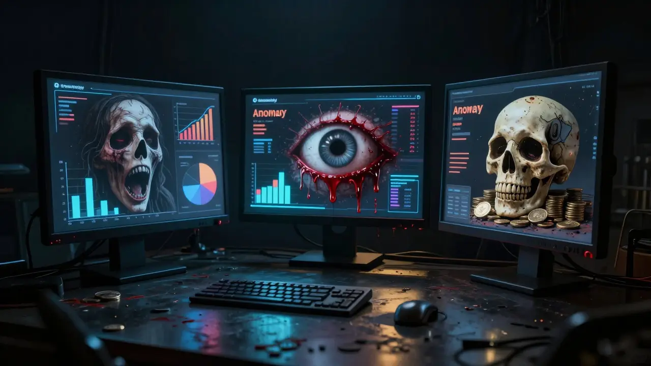 Nightmare dashboard with bleeding charts and skulls symbolizing bad metrics