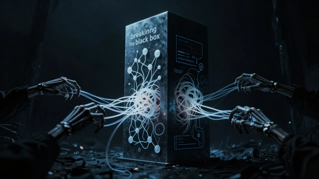Nightmarish scene of ghostly hands pulling explanatory threads from a dark, opaque AI monolith.