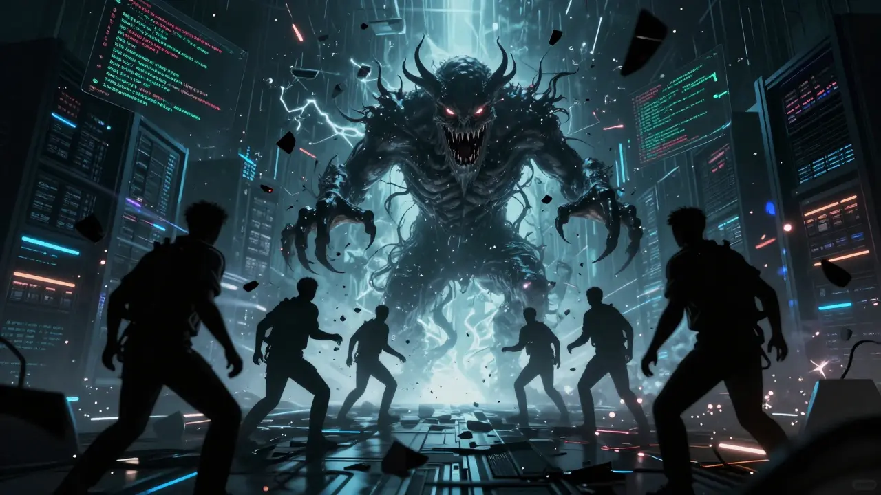 Security team silhouettes fighting chaotic code monsters