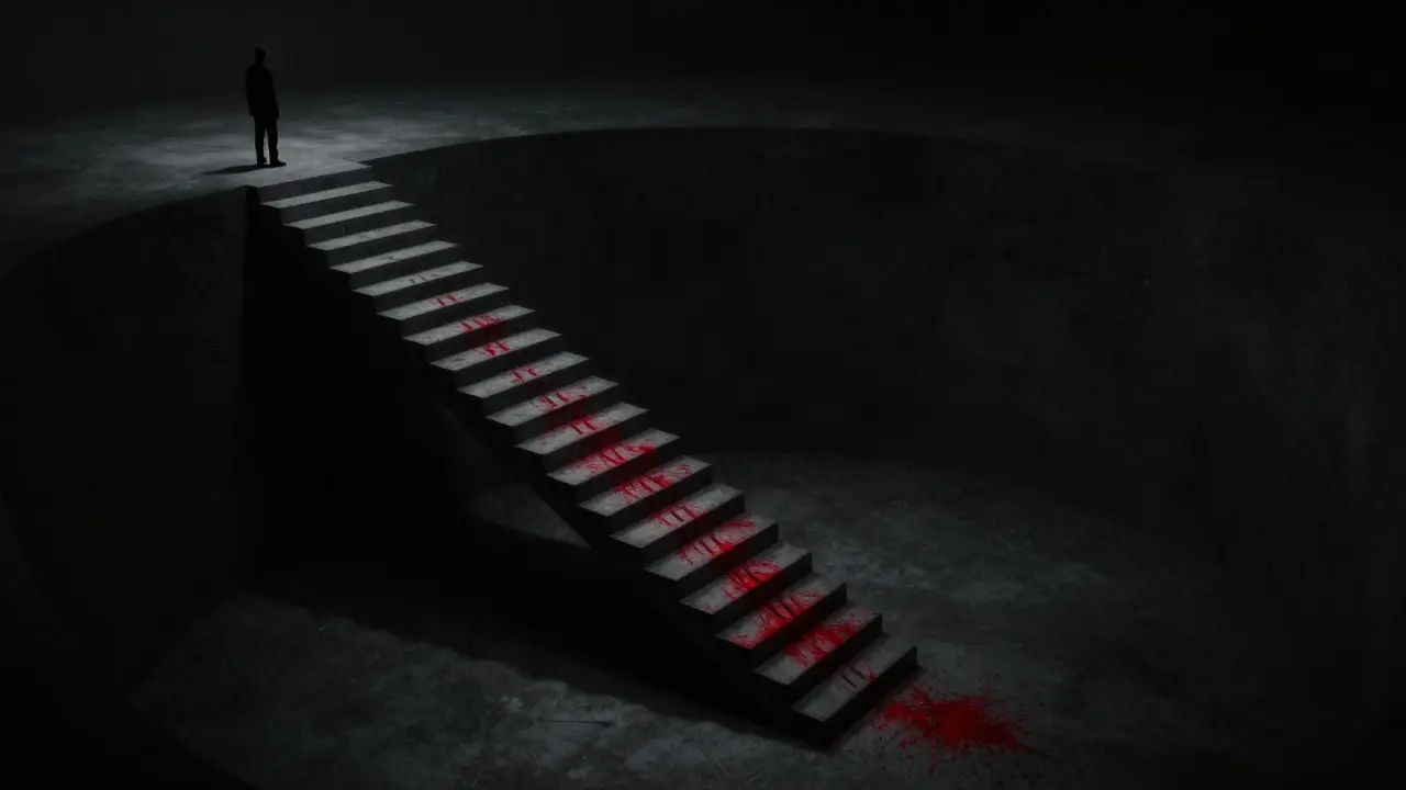 Shadowy figure on a steep staircase descending into a dark abyss for ALiBi