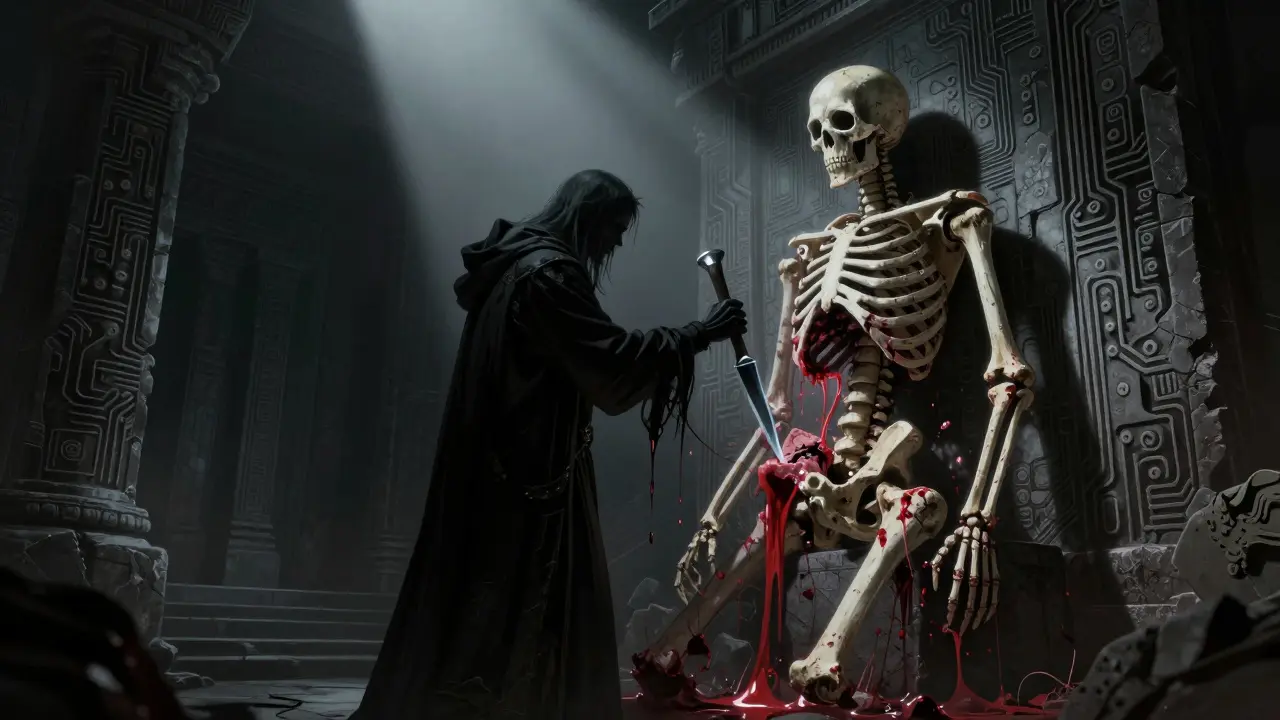 Sinister figure carving excess from a prompt statue on a dark altar.