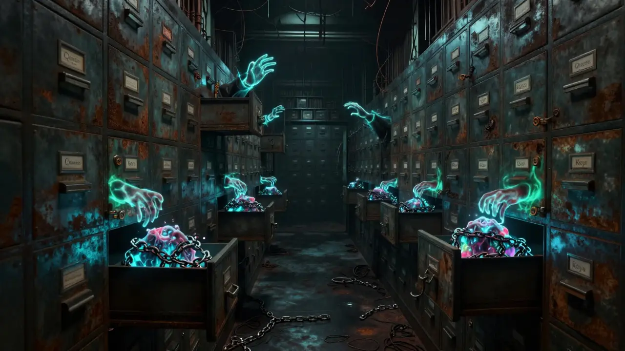 Sinister library with spectral hands opening data-filled drawers